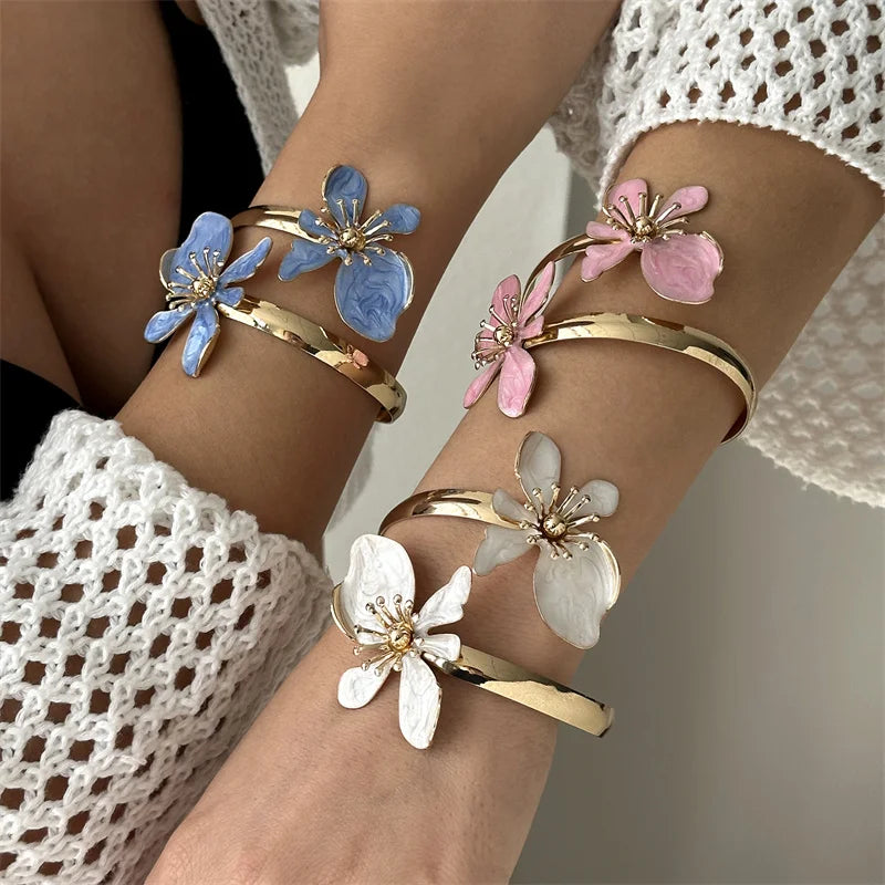 Elegant Enamel Flower Open Cuff Bracelet For Women Gold Plated Metal Pink White Blue Floral Bangles Beach Party Vacation Jewelry - Image 1