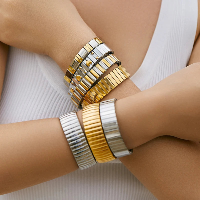Loe Titanium Steel Elastic Bracelet for Women.Heart Shape.1Pcs.Gold Plated Punk Jewelry.Hip Hop - Image 1