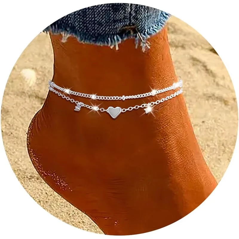 Sliver Plated CZ Anklet Bracelets for Women Girl Heart Charm Dainty Layer Chain Anklets Jewelry Gifts - Image 1