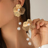 Large Flower Earring with Pearl Pendant Korean Design Stud Earrings for Women Girls Metal Jewelry Accessories Party Gift - Image 1