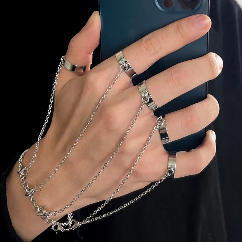 Geometric Silver Color Wrist Bracelet for Men Women Punk Ring Chain Charm Set Couple Jewelry Gifts - Image 1