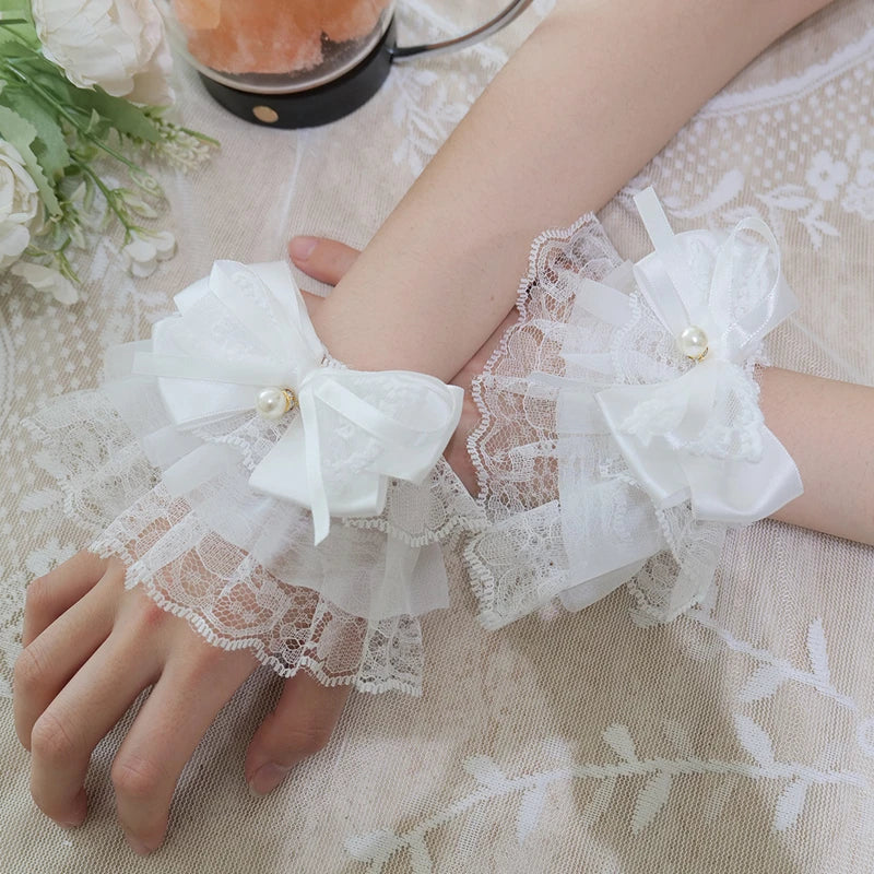 White Flower Lace Pearl Bow Fake Flared Sleeves Bracelet Sweet Girl Wristband Layer Detachable Cuff Cosplay Ornament - Image 1