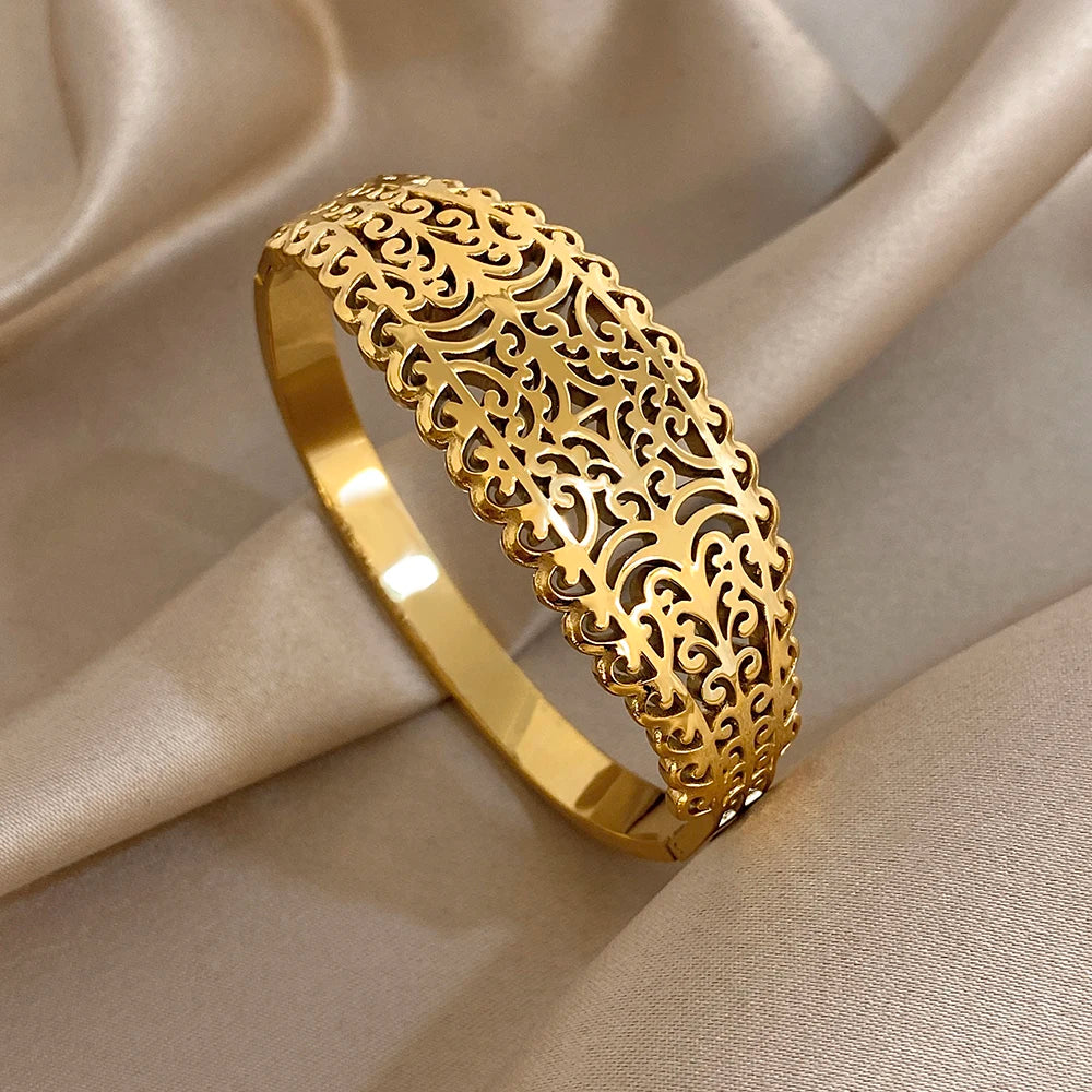 Greatera Floral Scrolls Pattern Bracelet Chunky Engraved Hollow Stainless Steel Charm Bangles - Image 1