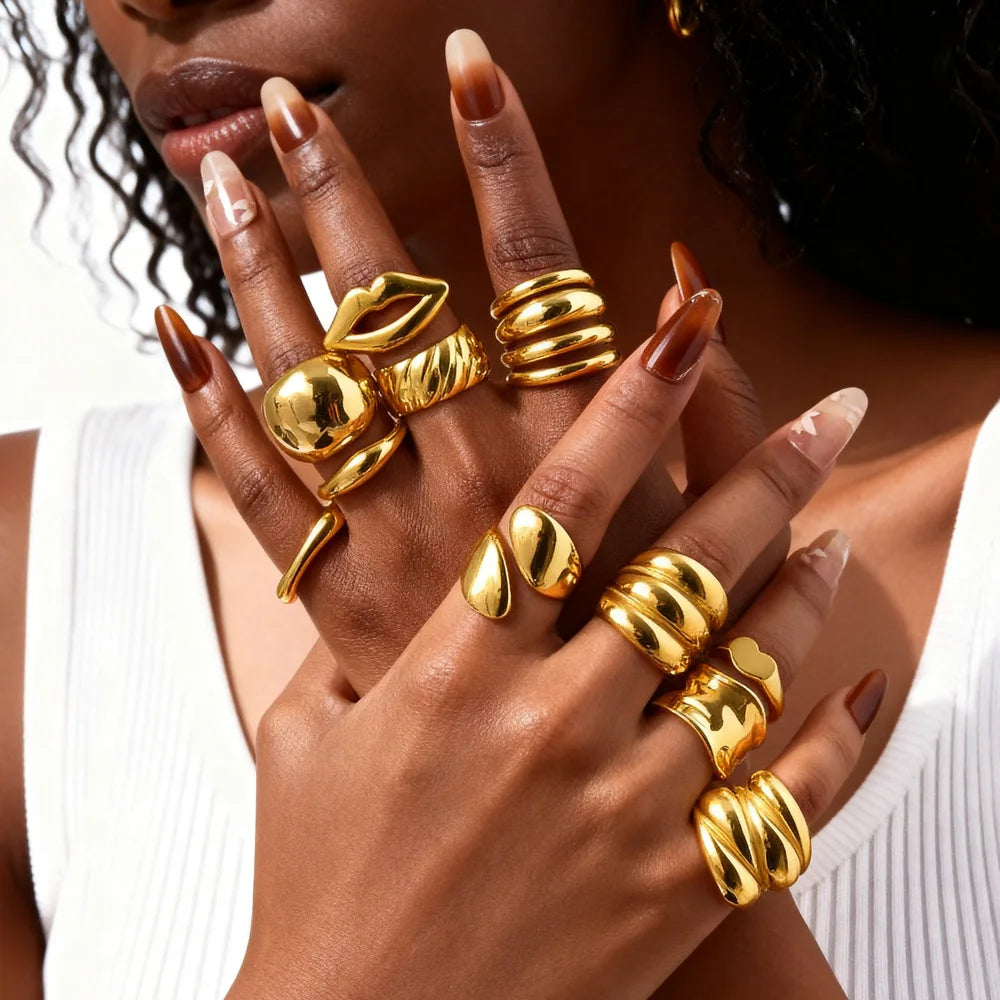Stainless Steel Chunky Dome Rings for Women, Geometric Ring Gold Plated Aesthetic Jewelry - Image 1