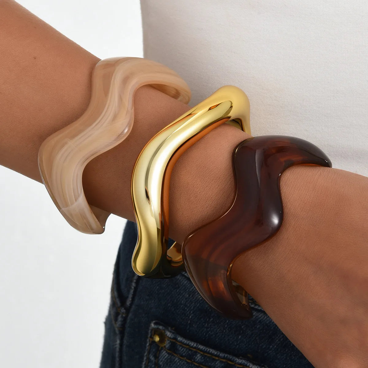 Yupsk 3Pcs Irregular Wavy Cuff Bangle Set For Women Resin Chunky Wave Stackable Bracelets Minimalist Wristband Jewelry - Image 1