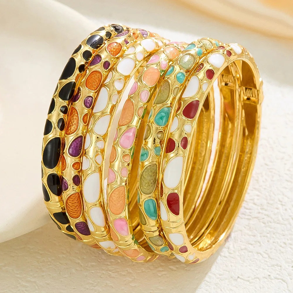 Enamel Dropped Glaze Flower Texture Closed End Bracelet For Women Retro Gold Copper Metal Bracelet Party Jewelry Gifts - Image 1