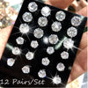 12 Pairs/Pack Shiny Zircon Stud Earrings Set for Women Men Daily Versatile Chic Silver Color Crystal Ear Jewelry Accessories - Image 3