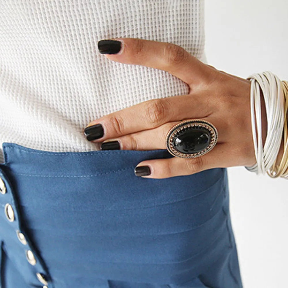 Retro Geometric Oval Imitation Gemstone Adjustable Opening Rings for Women Men Exaggerated Personality Finger Jewelry - Image 1
