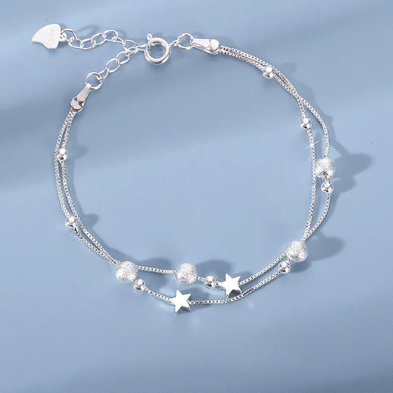 Silver Star Beaded Bracelets For Women Double Layered Adjustable Bracelet Party Jewelry - Image 1