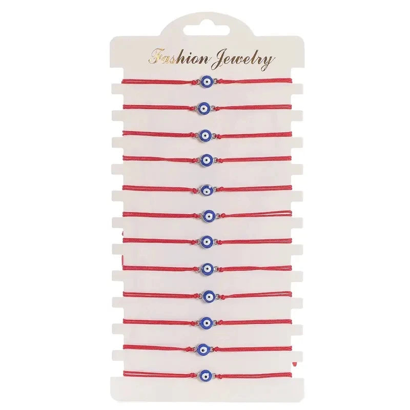 12-Piece Red Cord Bracelet Set with Blue Eye Beads - Image 1