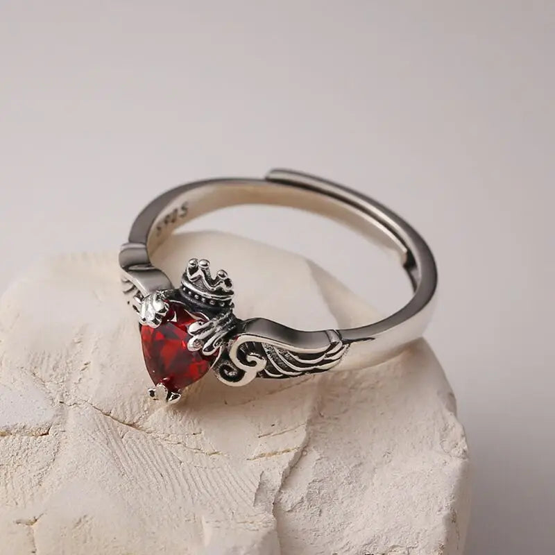Vintage Silver Wing Crystal Heart Finger Ring Open Silver Rings For Women Wedding Jewelry Gift - Image 1
