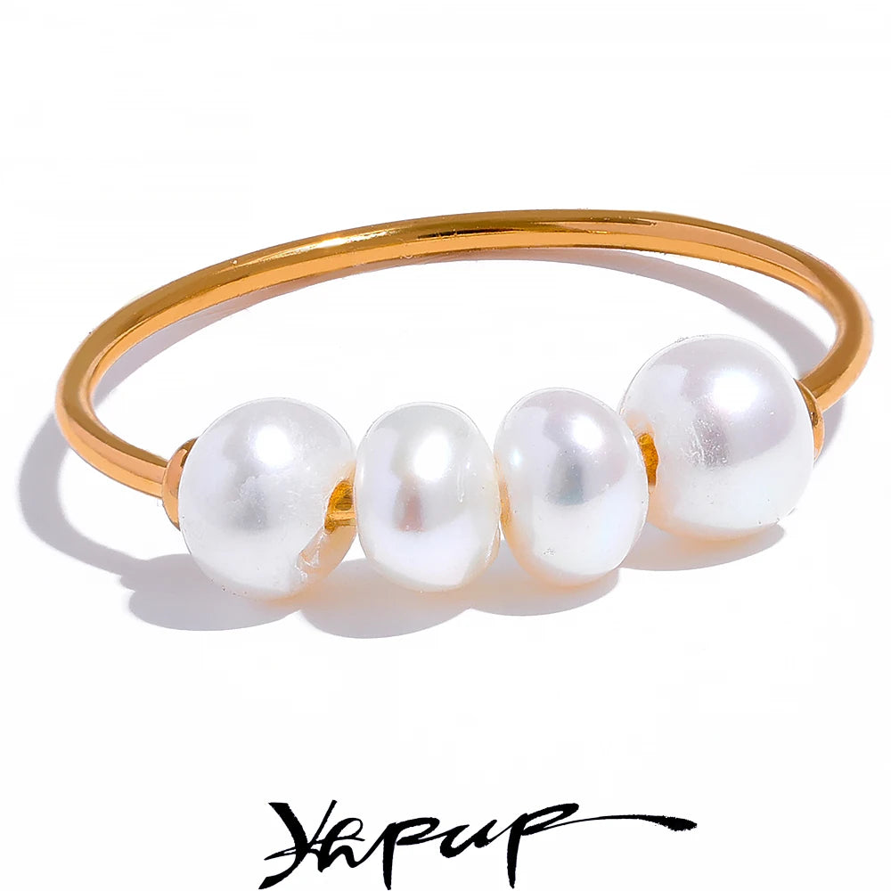 Freshwater Pearls Gold Color Stainless Steel Thin Index Finger Ring for Women Pvd Plated Charm Jewelry - Image 1