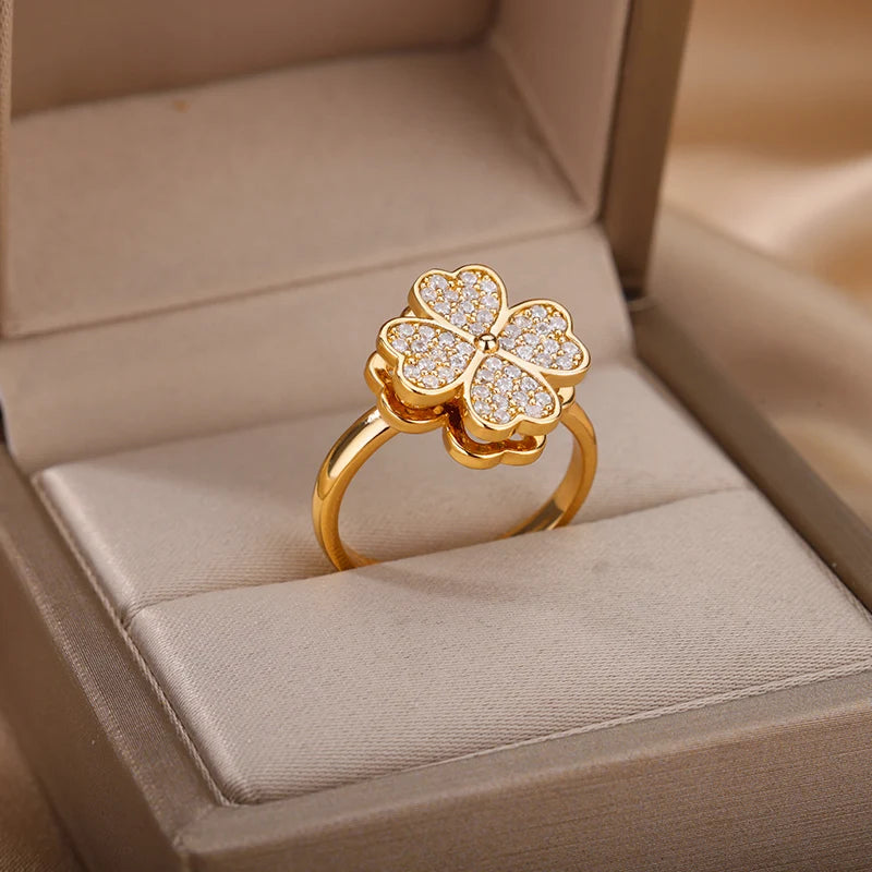 Four Clover Rotating Rings for Women Adjustable Stainless Steel Wedding Ring Aesthetic Jewelry Gift - Image 1
