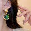 Hollow Frame Green Rhombus Resin Dangle Earrings for Women Vintage Golden Metal Square Drop Earrings Geometry Jewelry - Image 3