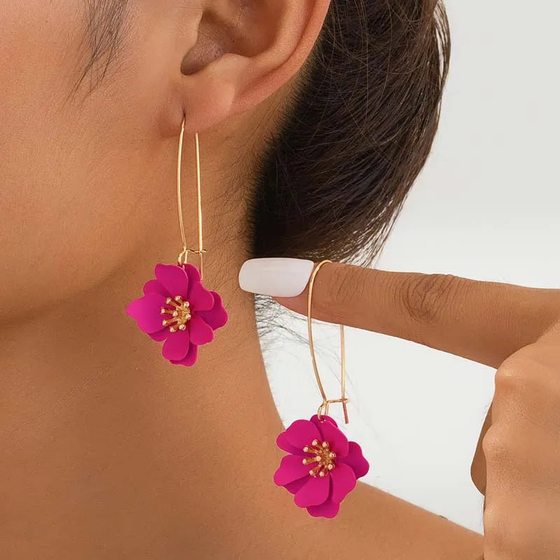 Vintage Red Enamel Flower Drop Earrings For Women Korean Sweet Long Petal Temperament Earrings Jewelry Accessories - Image 1