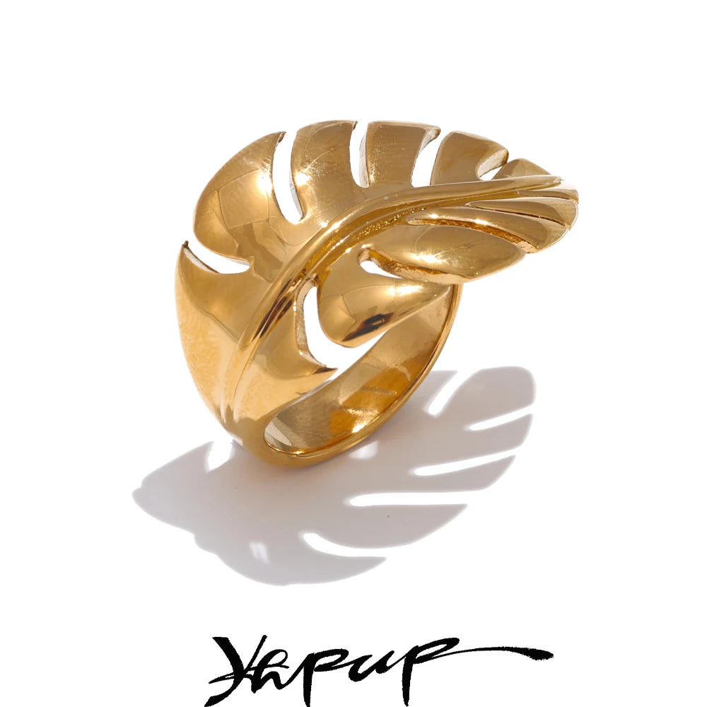 Stylish Design Stainless Steel Metal Leaf Leaves Open Ring Individualistic Jewelry Gift - Image 1