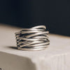 Adjustable Open Wave Band Ring with Layered Silver Tone Lines - Image 2