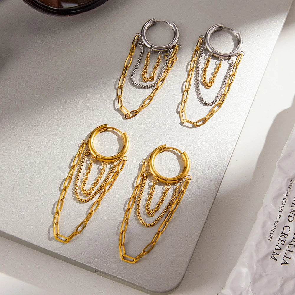 Hiphop Rock Multi Layer Chain Pendant Earrings Two-tone Mix Color Circle Huggies Ear Hoops Everyday Versatile Jewelry - Image 1