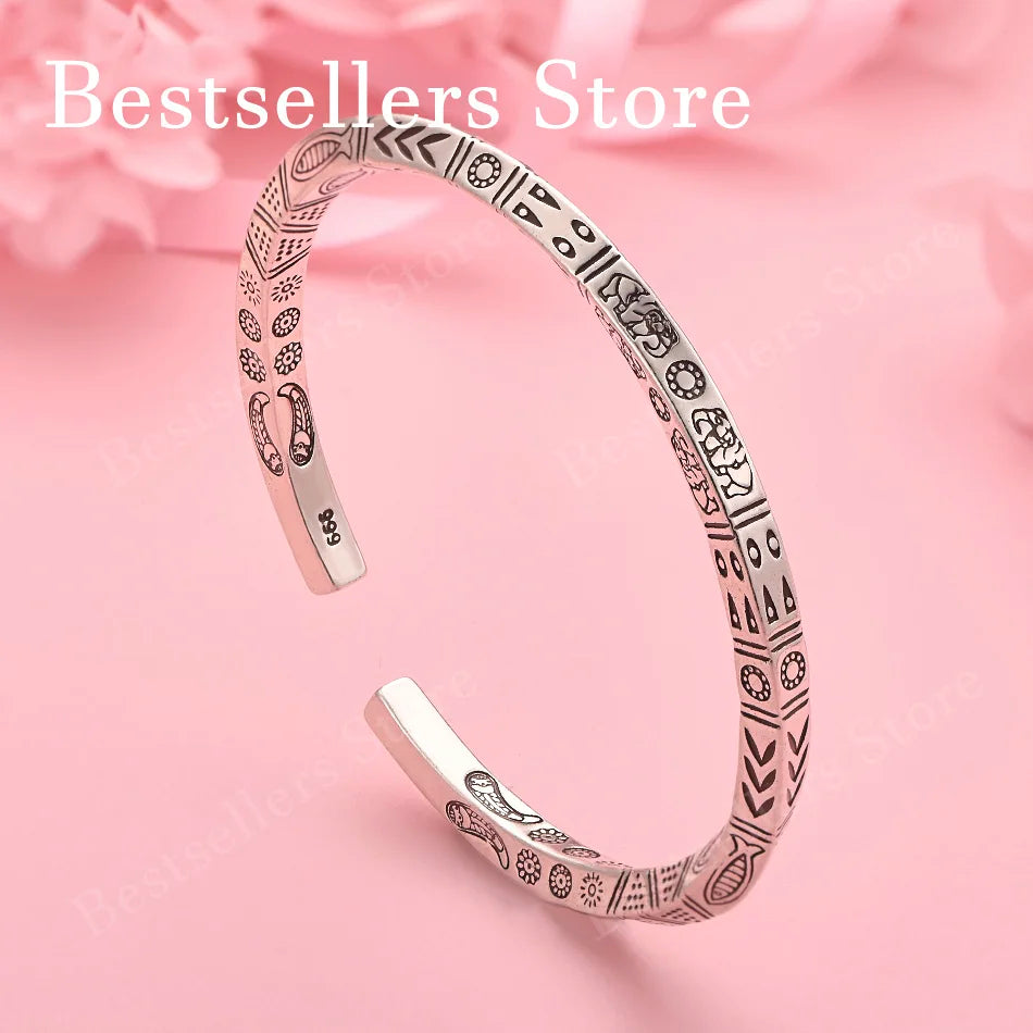 Elegant Silver Vintage Pattern Engraved Open Bracelet Women's Wedding Party Jewelry - Image 1