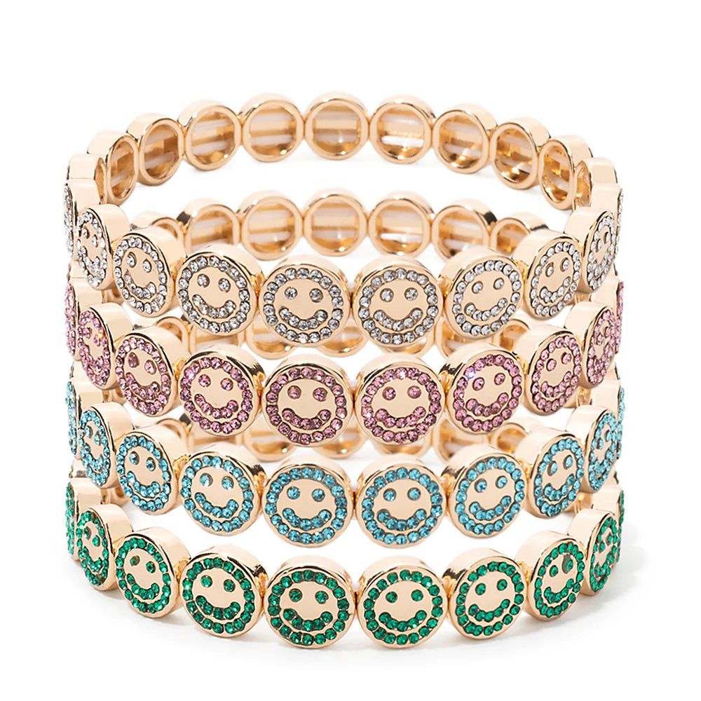 Happy Bangle Paved Diamond Enamel Beaded Bracelets For Women Boho Gold Color Elastic Bracelets - Image 1