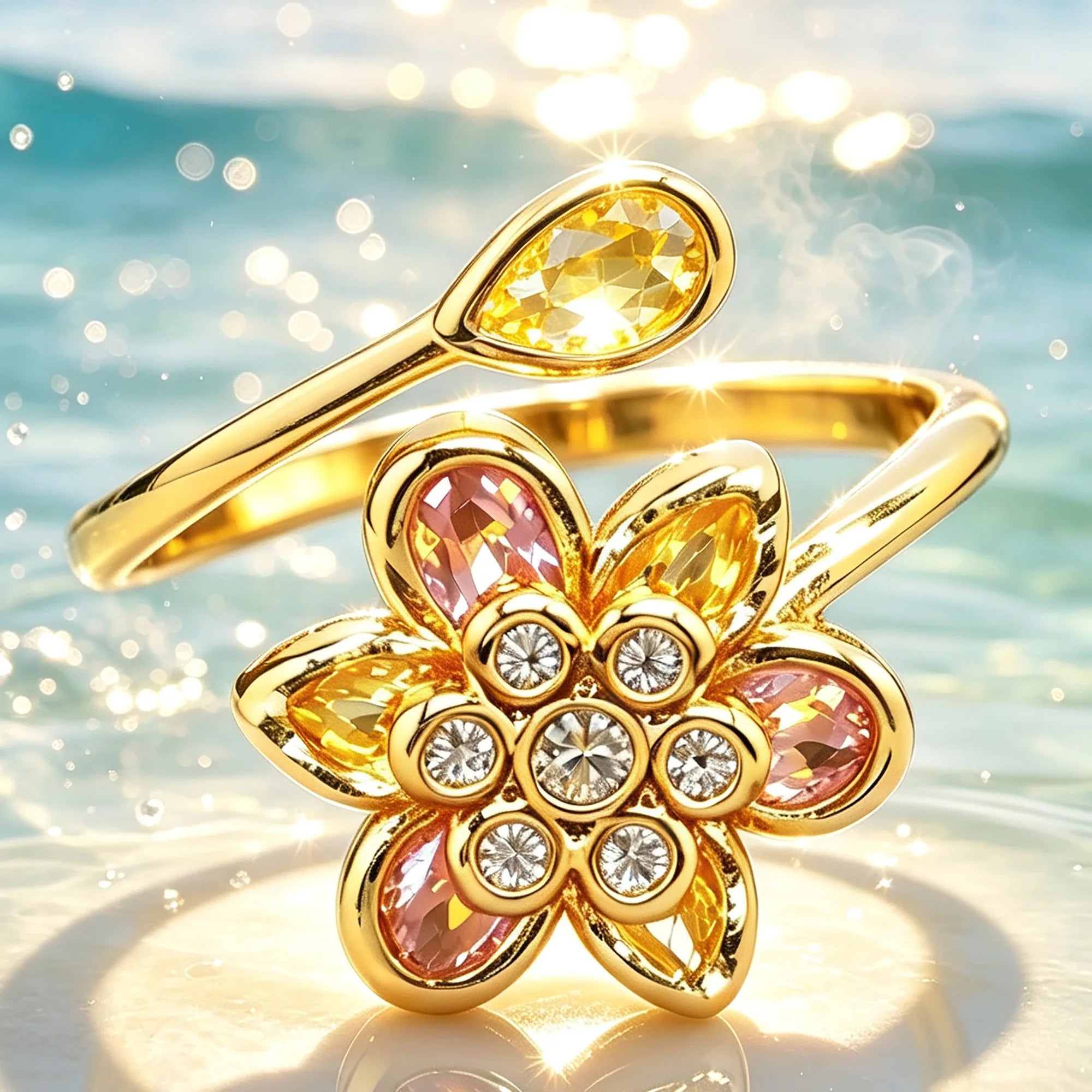 Elegant Flower Shape Adjustable Open Ring Gold Plated Pink Yellow Cubic Zirconia Bypass Ring Ladies Wedding Party Jewelry Gift - Image 1