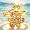 Elegant Flower Shape Adjustable Open Ring Gold Plated Pink Yellow Cubic Zirconia Bypass Ring Ladies Wedding Party Jewelry Gift - Image 1