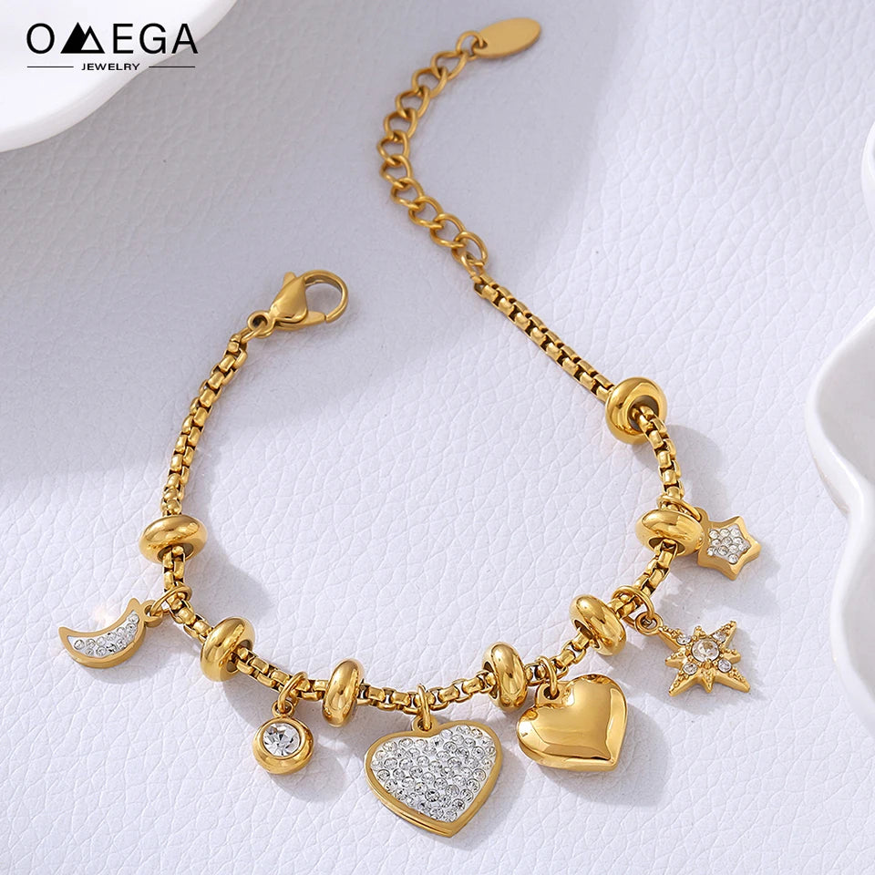 316L Stainless Steel Heart Charm Bracelet with Crystal Accents - Image 1