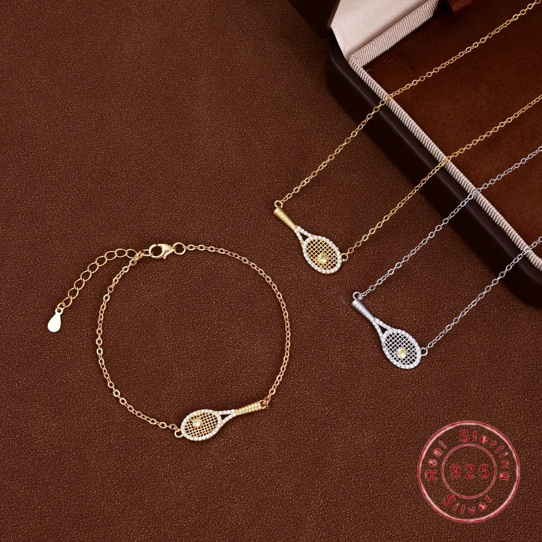 Silver Inlaid Zircon Tennis Racket Pendant Necklace and Bracelet Set Women's and Girls' Jewelry Accessories - Image 1