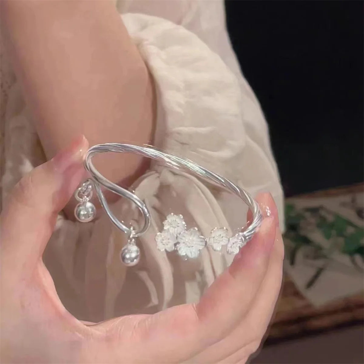 Vintage Plum Blossom Open Bracelet Bangles for Women Jewelry Chinese Stainless Steel Party Big Bangle For Girls - Image 1
