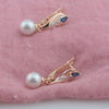 FJ Women Rose Gold Color Blue Stone Simulated Pearl Dangle Long Earrings - Image 2