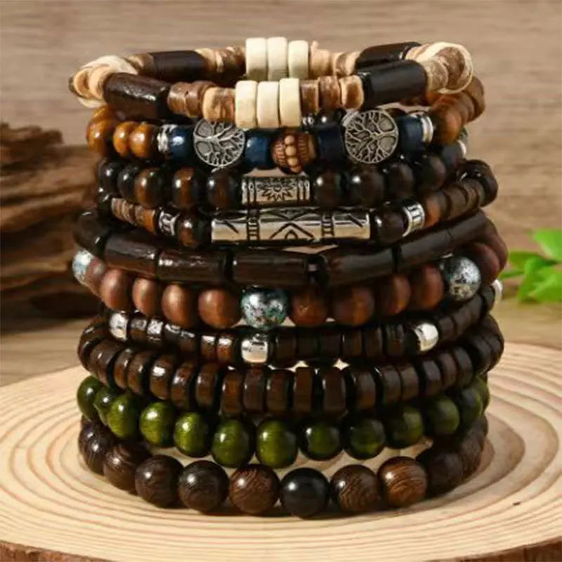 Wooden Bead Bracelet Set 10 Pieces with Tree of Life Charm Bohemian Style - Image 1