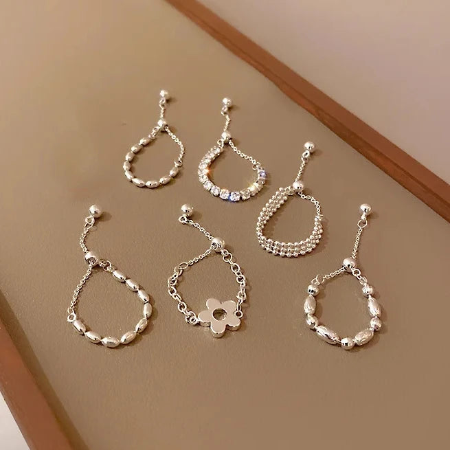 Silver Color Flower Ball Long Tassel Chain Adjustable Pull Ring for Women Index Finger Ring Jewelry - Image 1