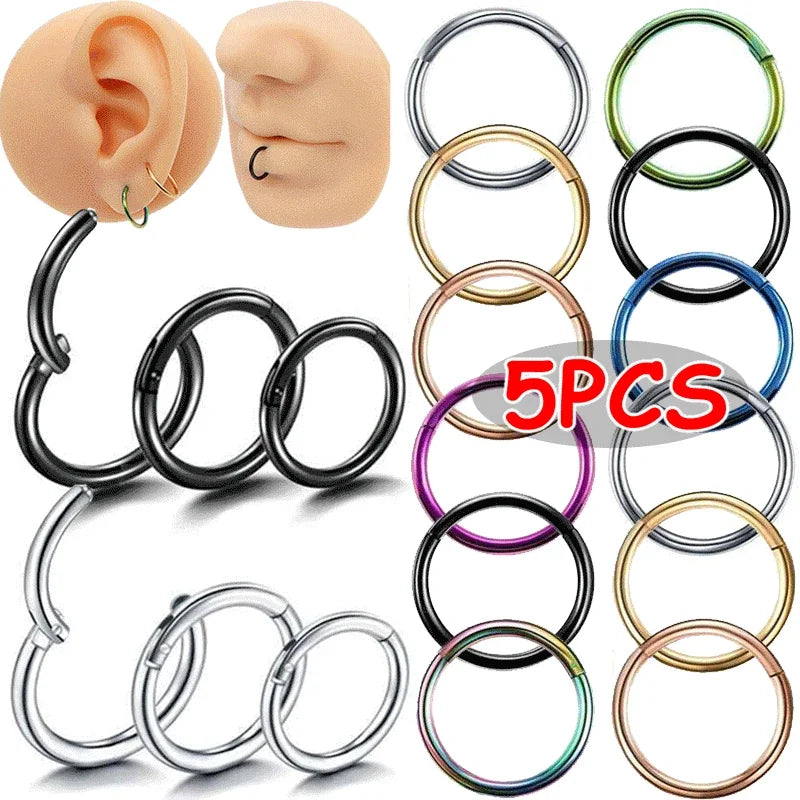 5pc Nose Rings Hoop Hinged Clicker Segment Nose Rings Ear Cartilage Ring Clip Stainless Steel Ear Nose Ring Body Jewelry Gift - Image 1
