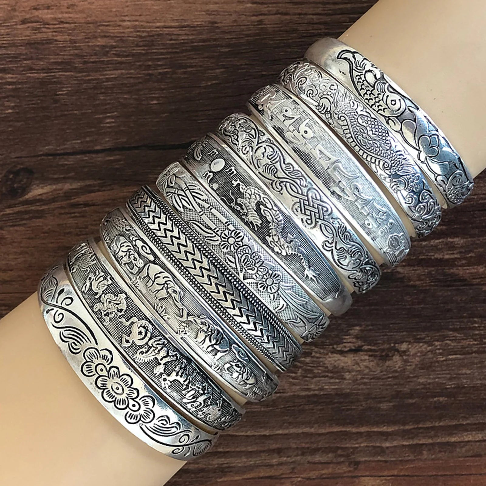 Antique Silver-Tone Open Cuff Bracelet with Snake and Floral Motifs - Image 1