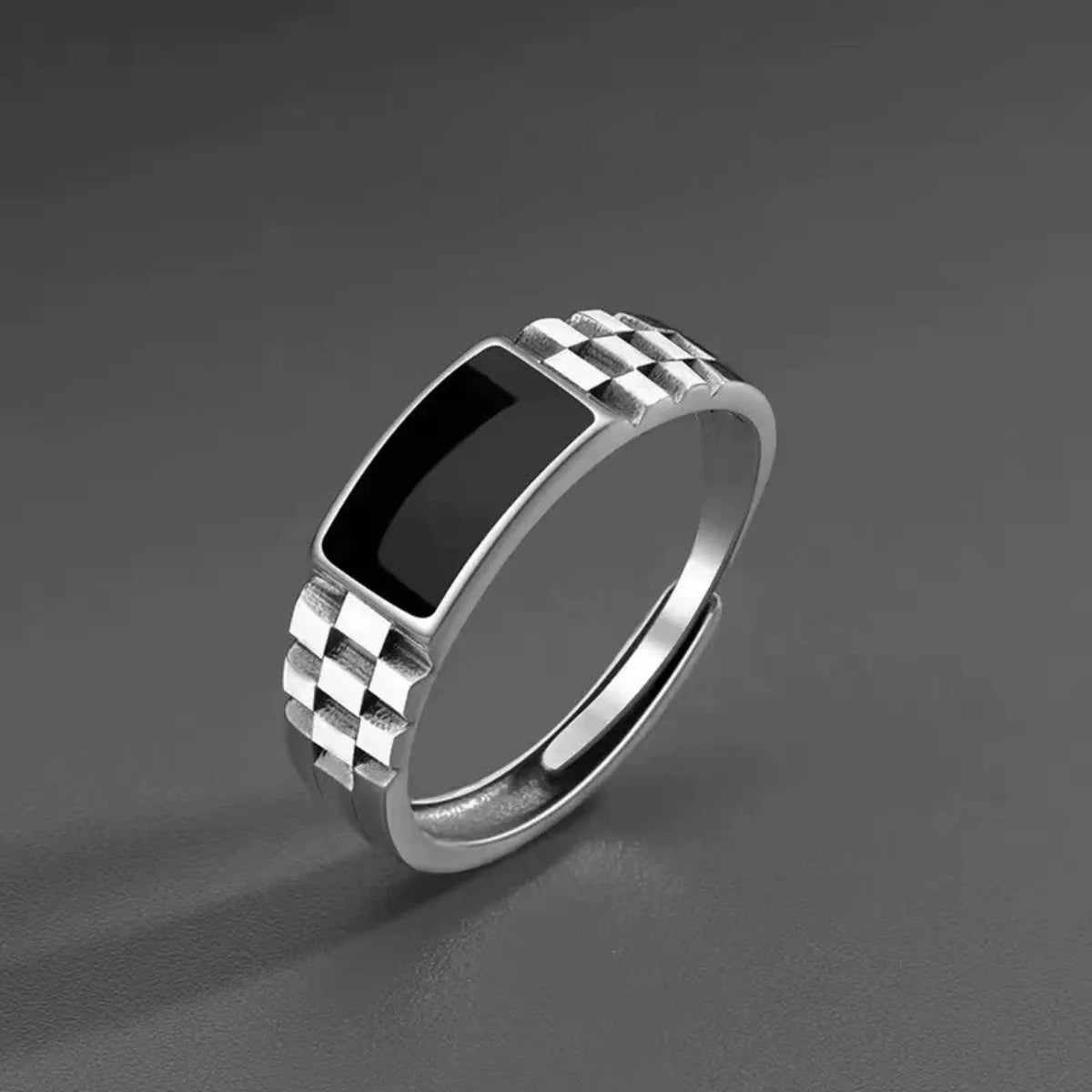 Vintage Faux Onyx Rings for Men Temperament Stainless Steel Adjustable Open Ring Silver Color Punk Jewelry Gifts - Image 1