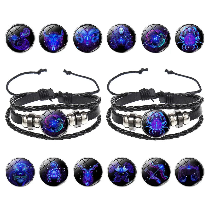 12 Constellation Zodiac Sign Charm Luminous Bracelets Men Women Vintage Multilayer Wrap Leather Chain Bangle Birthday Jewelry - Image 1