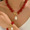 Red Coral Imitation Baroque Pearl Pendant Choker/Bracelet Set Women's Bohemian Bold Tropical Charm Wedding Jewelry Set - Image 2