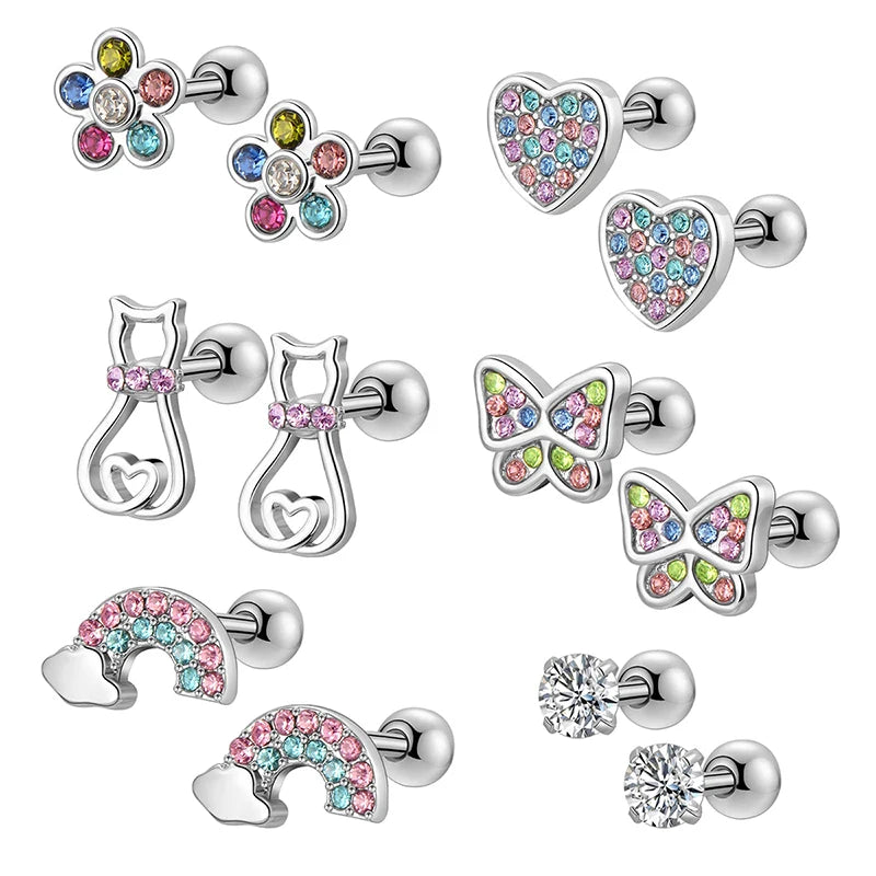 Cute Cubic Zirconia Screw Back Stud Earrings 316L Stainless Steel 20G - Image 1