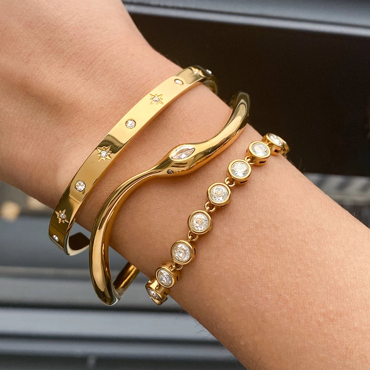 Minimalist White Zircon Spirit Snake Bracelet Gold Color Plated Stainless Steel Irregular Bracelet Stackable Snake Br - Image 1