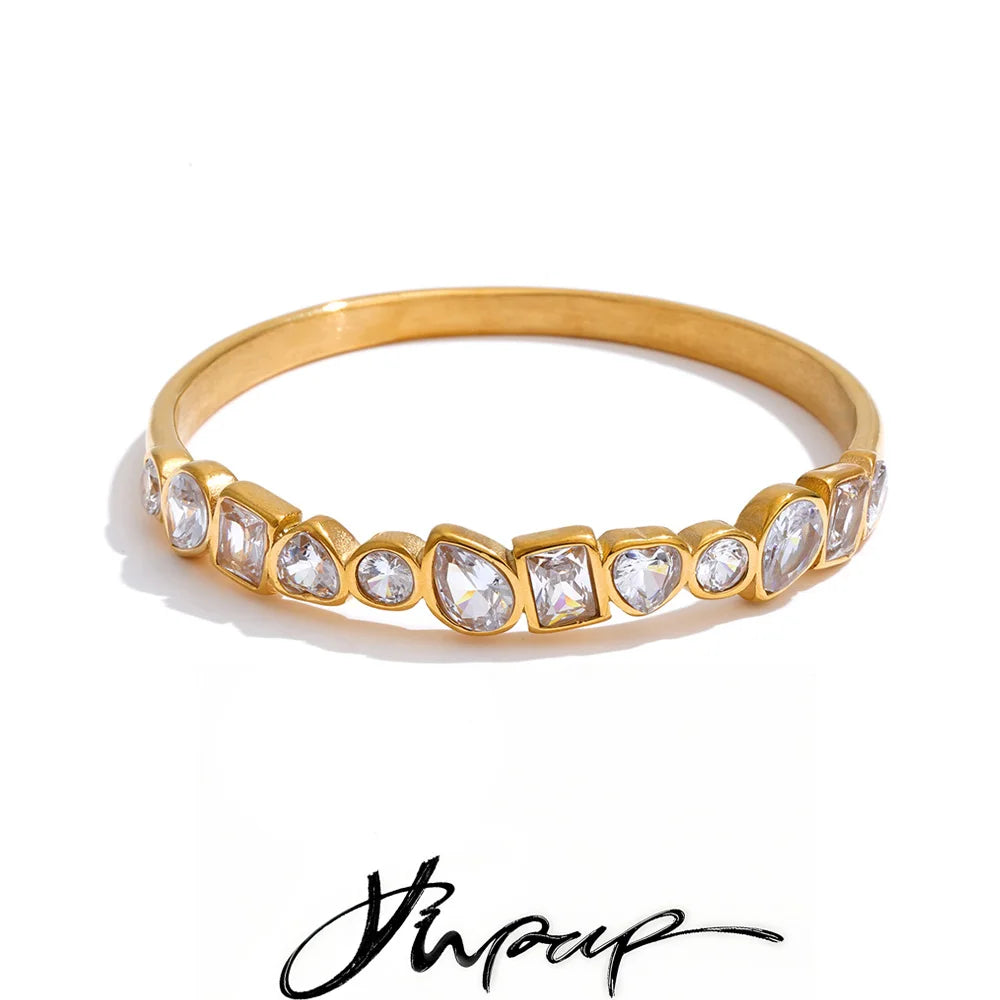 62mm Stainless Steel Cubic Zirconia Golden Bracelet Bangle Delicate Bling Wrist Jewelry - Image 1
