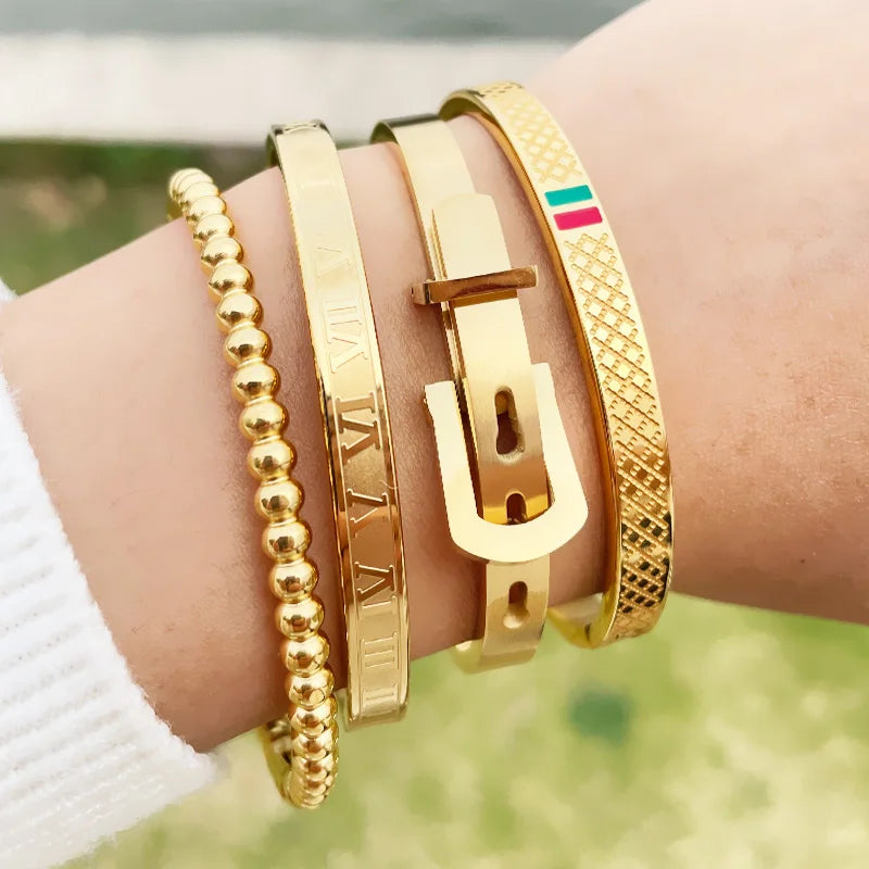 Zalman Stainless Steel Bangle Chic Zircon Bracelets for Women Charm Texture Simple Gold Color Accessories - Image 1