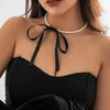 Imitation Pearl Choker Necklace with Long Ribbon Bow Tie - Image 1