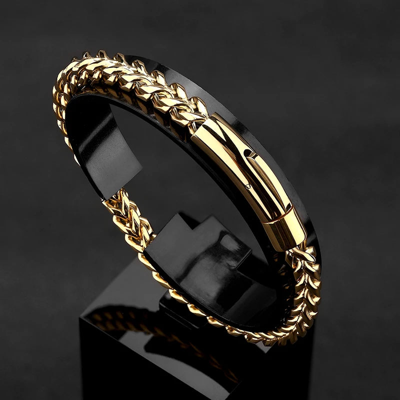 Locomotive Men Punk Rock Bicycle Chain Bracelet Gold Plated Stainless Steel Magnet Button Male Jewelry Gifts - Image 1