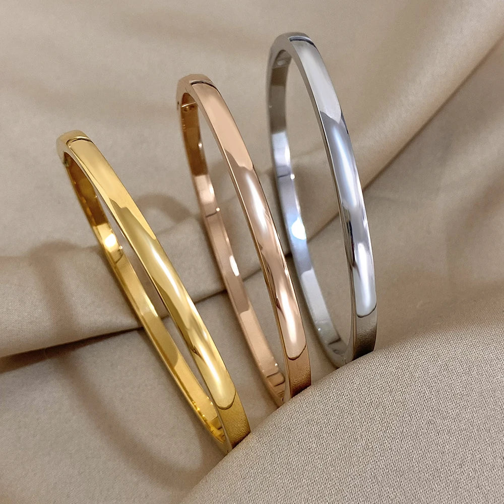 Greatera Minimalist 4mm Stainless Steel Smooth Cuff Bracelet Bangle for Women Gold Plated Metal Bracelets Jewelry - Image 1