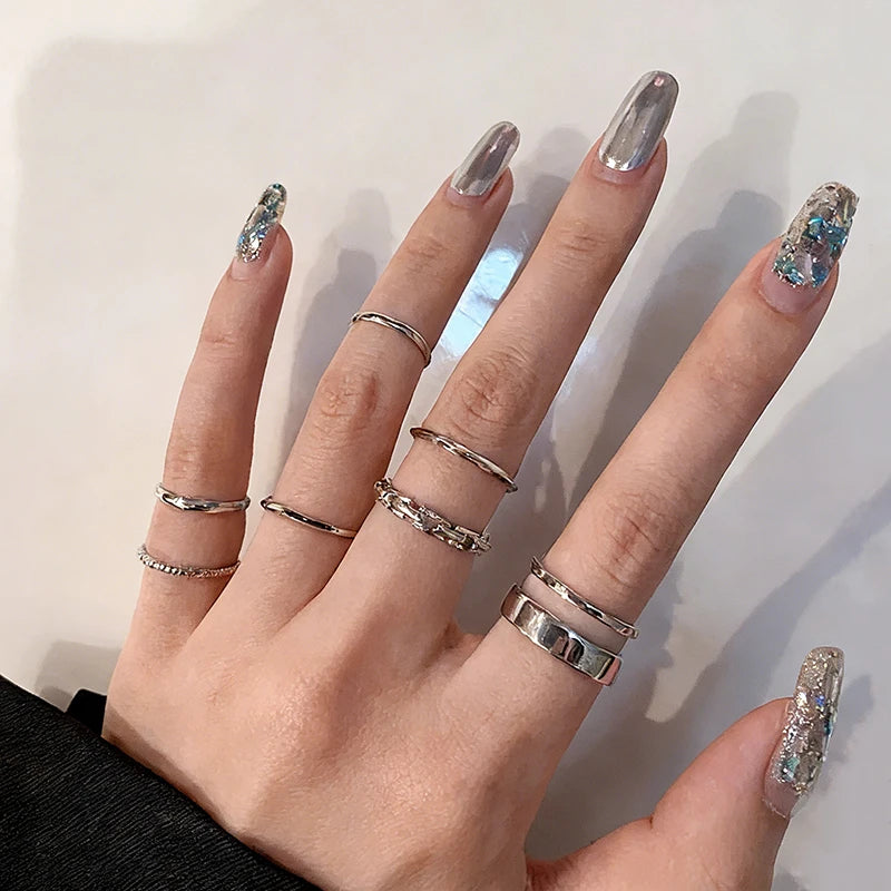 7Pcs/Set Punk Simple Double Layer Rings for Women Silver Color Geometric Vintage Joint Hiphop Finger Ring Niche Design Jewelry - Image 1