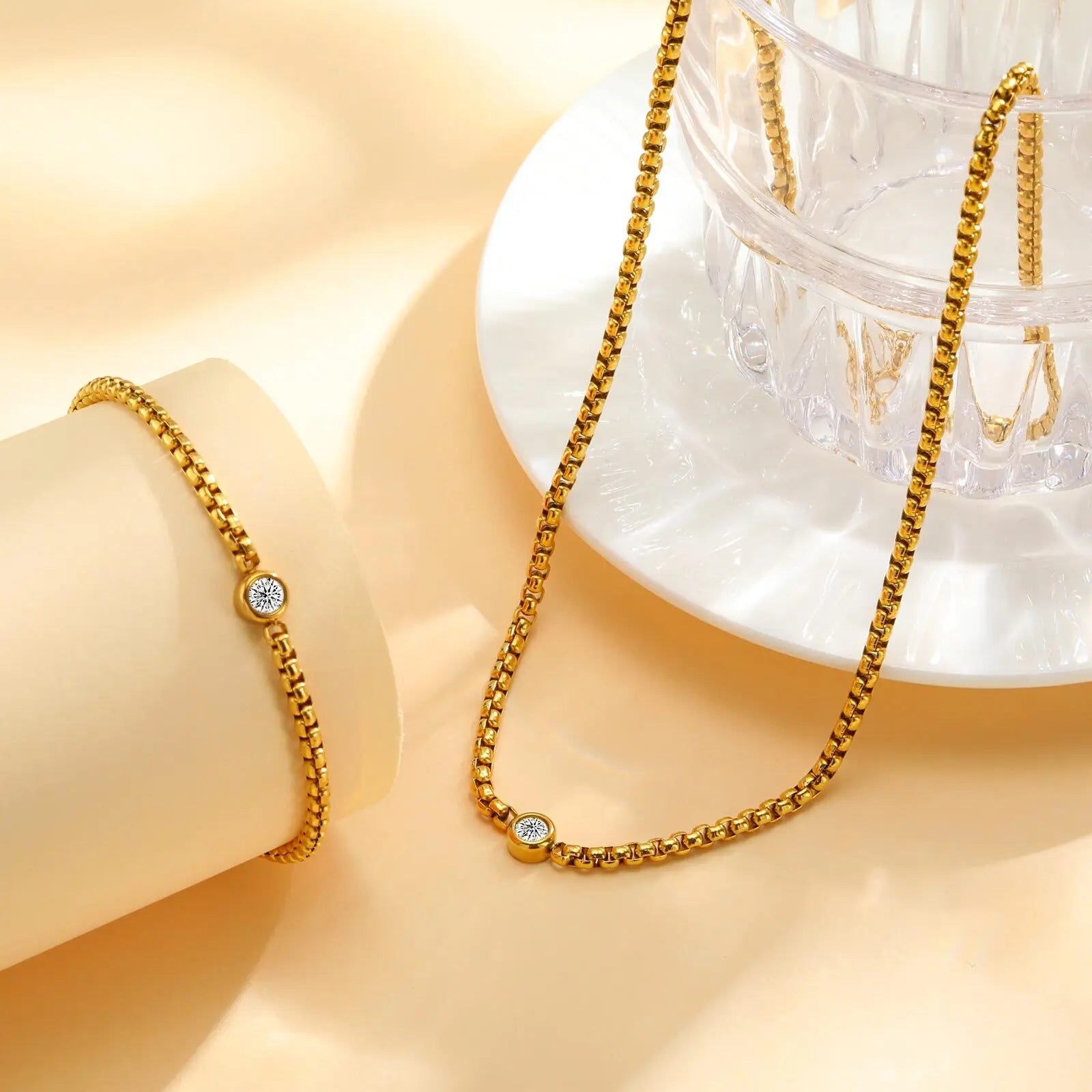 2pcs/set Round Single Cubic Zirconia Necklace Bracelet For Women Stainless Steel Square Chain Jewelry Gifts - Image 1