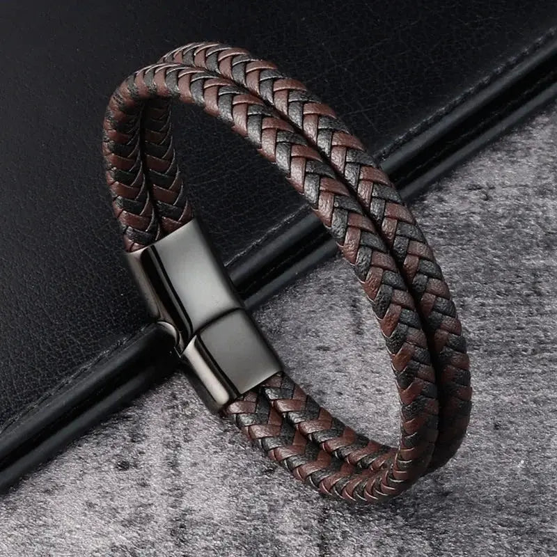 Men Black Blue Braided Leather Bracelet Double Band Bangle - Image 1