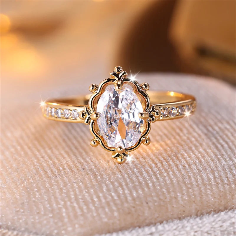 Delicate Female Oval Stone White Zircon Wedding Bands Antique Gold Color Promise Engagement Rings For Women Mothers Day Jewelry - Image 1