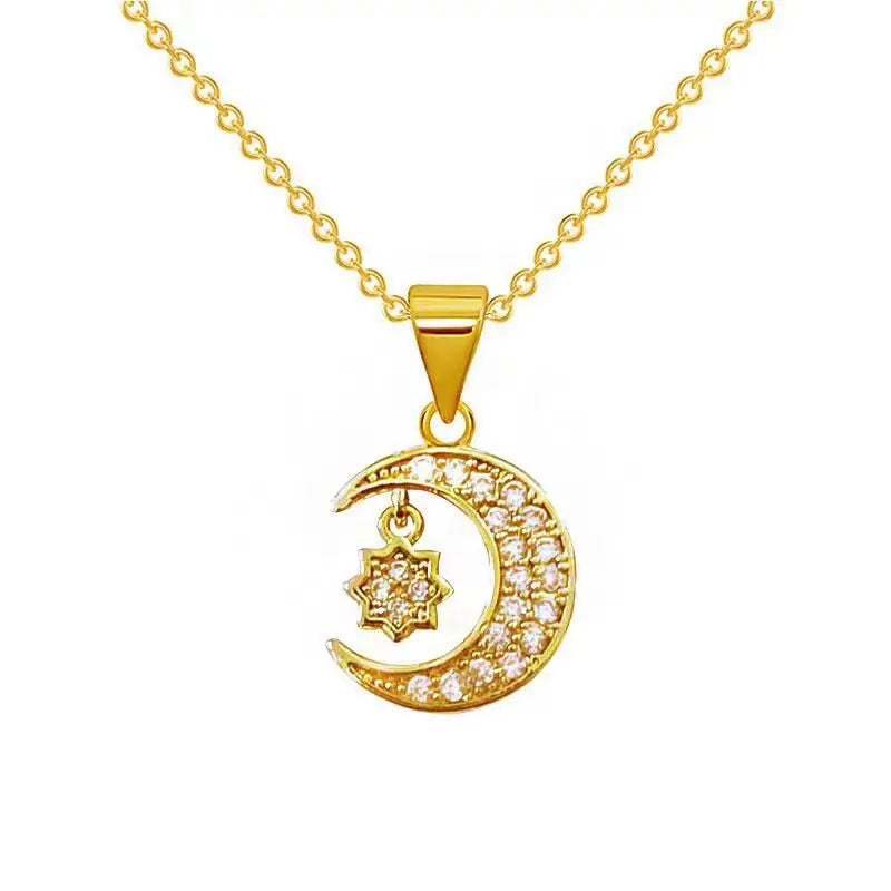 1 Pcs Star and Moon with Zirconia Copper Pendant Necklace Girls Style Gift Jewelry - Image 1