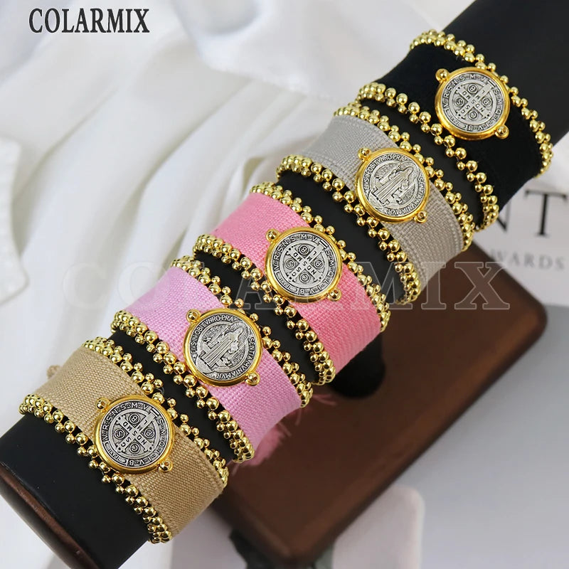 Handmade Religion Christian Medal charms Weave Bracelet Handcraft Wide Adjustable Cotton Wave Tassel Jewelry 40455 - Image 1
